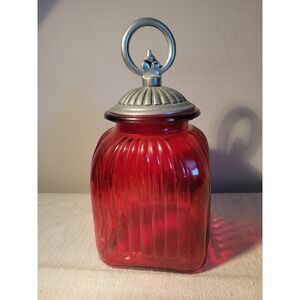 Vintage Artland Painted Red Ribbed Glass‎ Kitchen Canister Jar w Lid Large